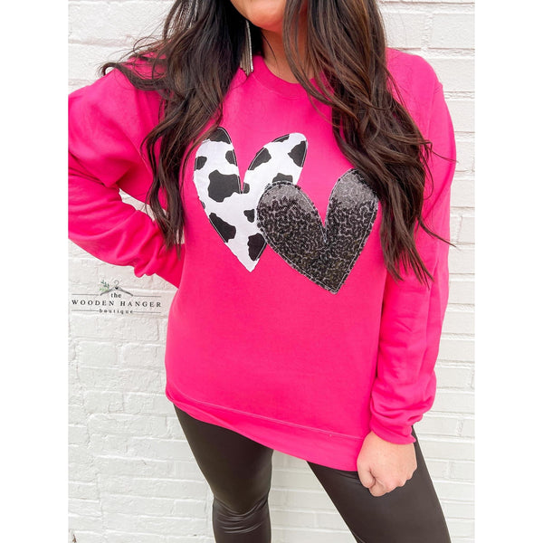 Cow Print Double Heart Sweatshirt